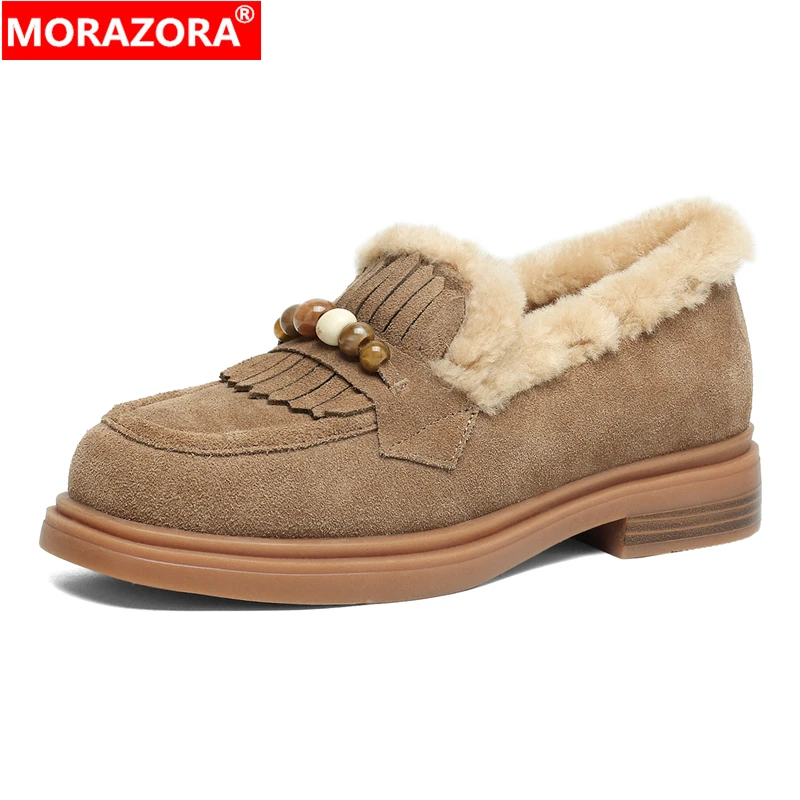 

MORAZORA Size 34-42 New Cow Suede Leather Women Loafers Slip On Wool Warm Winter Shoes Fashion Flats Women Casual Shoes