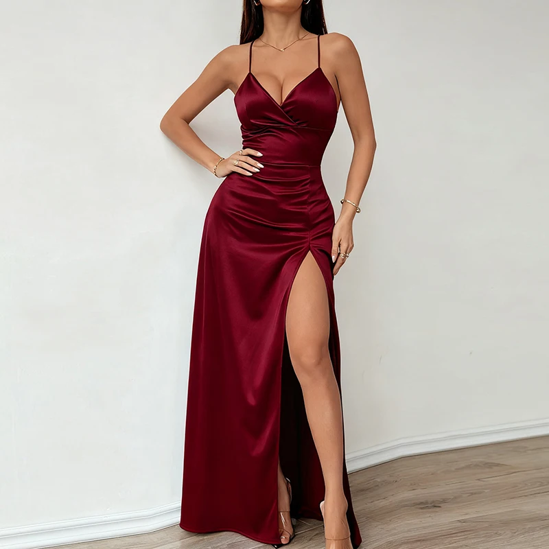 Vestido de satén de cintura alta ajustado con abertura, vestido Sexy de cóctel con tirantes y cuello en V para mujer, vestidos largos de Color sólido a la moda 2026