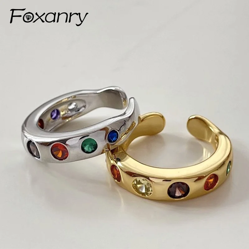 Foxanry Vintage Punk Colorful Zircons Engagement Rings for Women Couples Korean Cute Trendy Elegant Wedding Bride Jewelry Gift