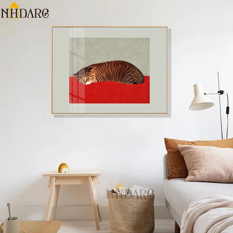 Retro Japanese Style Canvas Print Painting Poster Red Color Lovely Animal Cat Modern Nordic Wall Pictures Art Room Home Decor