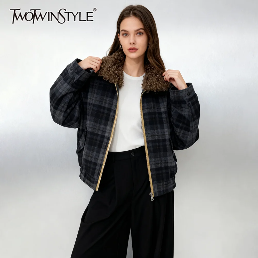 

TWOTWINSTYLE Hit Color Spliced Gingham Casual Jackets for Women Fur Collar Long Sleeves Patchwork Zipper Fashion Jacket Female