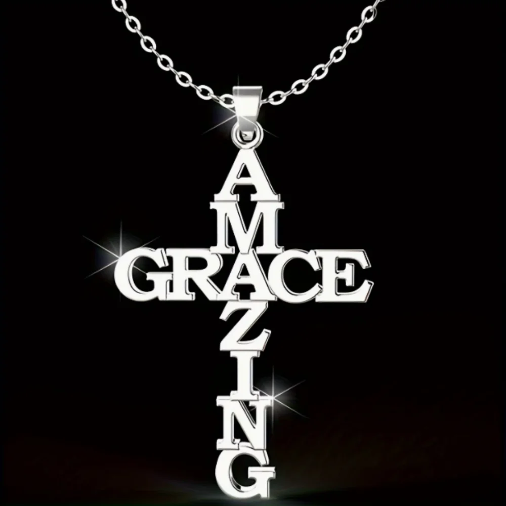 Stainless Steel Amazing Grace Cross Necklace Hollow Letter Crucifix Pendant Christian Religious Jewelry Gift for Men Women