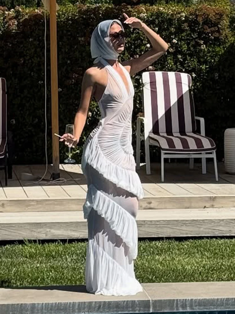 PB Fashion Sexy Mesh Sheer White Rüschen Neckholder Rückenfrei V-Ausschnitt Maxikleid Strandpartykleid