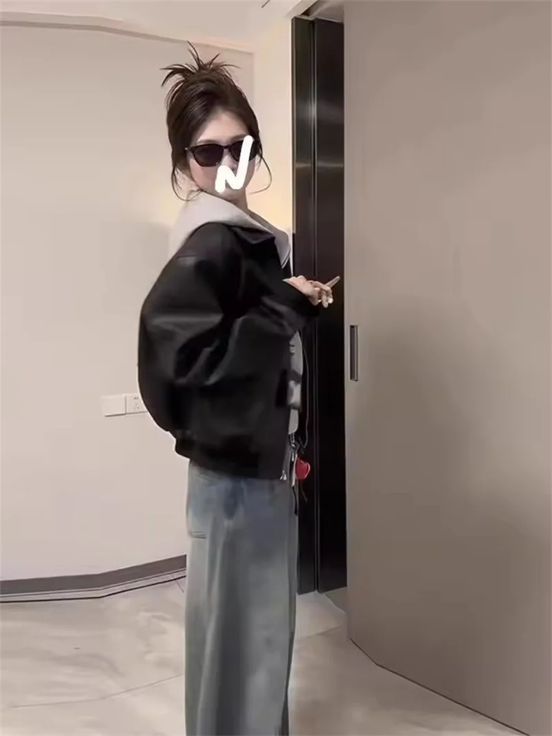 أسود ريترو دراجة نارية فو سترة جلدية السيدات جديد ربيع الخريف نمط قصير الاتجاه تنوعا سستة بولي معطف معطف جلد أبلى