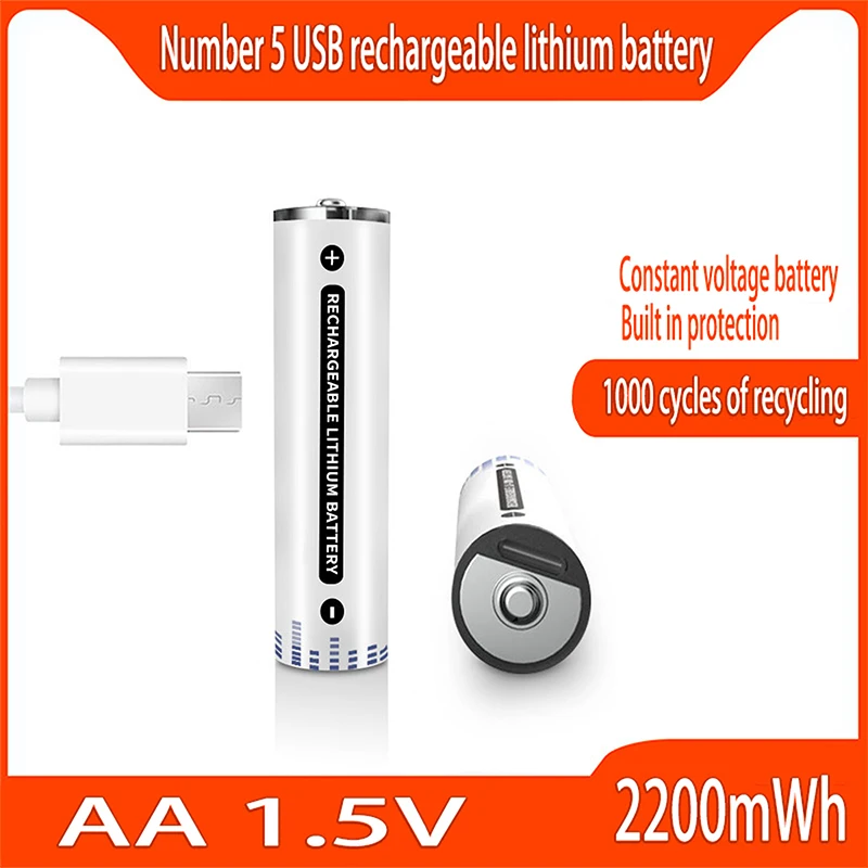 AA Rechargeable Battery 1.5V AA USB Lithium Ion Battery with Capacity 2200mWh for Romote Control LED Toy Keyboard