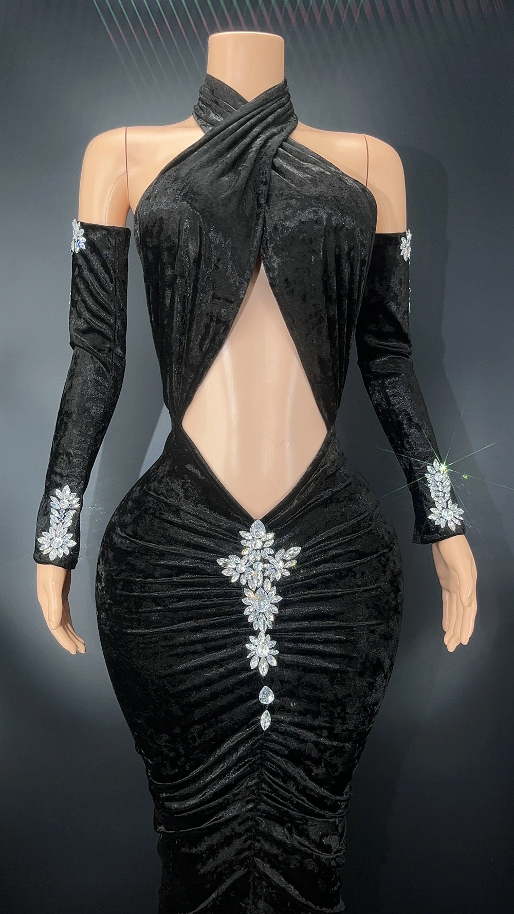 Sexy vestido de baile de noite vestido de aniversário luvas preto veludo sem costas bodycon vestido longo cantor mostrar palco wear drag queen traje