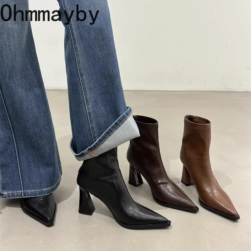 Botas hasta el tobillo de tacón grueso con punta estrecha para mujer, vestido de fiesta de banquete de estilo callejero, Botas cortas, zapatos de mujer para Otoño e Invierno