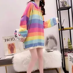 Rainbow Striped Hoodies Women 2025 Spring Autumn New Korean Loose Thin Hooded Jacket Casual Fashion Kawaii Hoodie Womens Tops