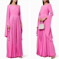 Elegant Long Pink Crepe Evening Dresses Long Sleeves Party Gowns A-Line Boat Neck فساتين السهرة Floor Length Prom Dress