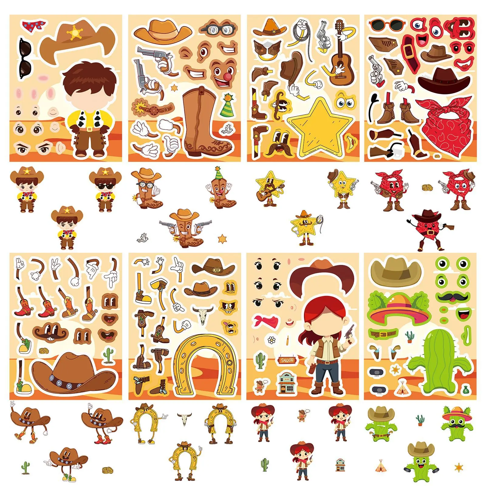 8PCS Western Cowboy Make a  Face Stickers Cartoon Character Assembly DIY Craft Party Favor Toy