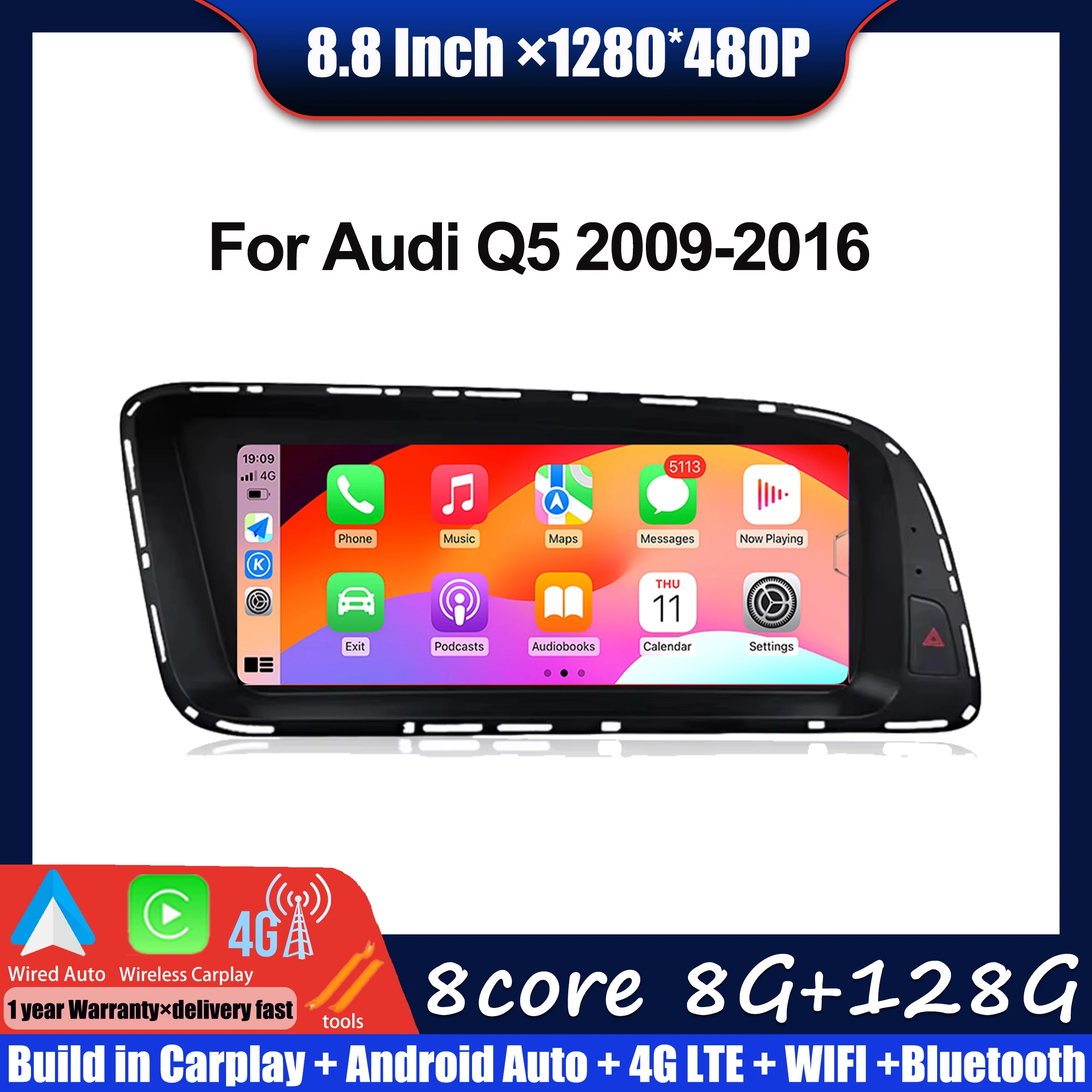 

Car Radio Multimedia Player 1280*480P WIFI 4G BT 8.8 Inch For Audi Q5 2009-2016 Carplay Android Auto GPS Navigation DSP SWC