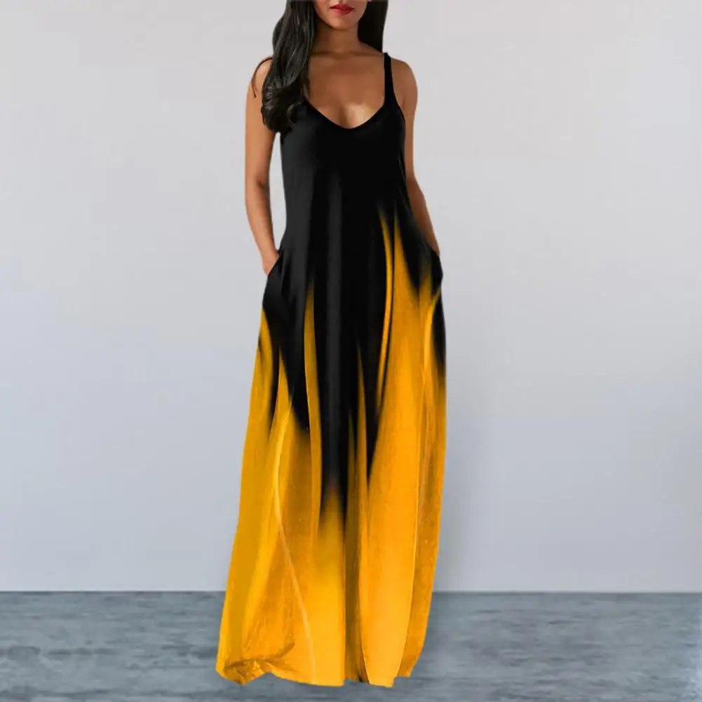 فستان نسائي 2025 برقبة على شكل حرف v وألوان متباينة متدرجة بدون أكمام ملابس يومية فضفاضة بقصة منخفضة بدون ظهر فستان صيفي للسيدات Cl