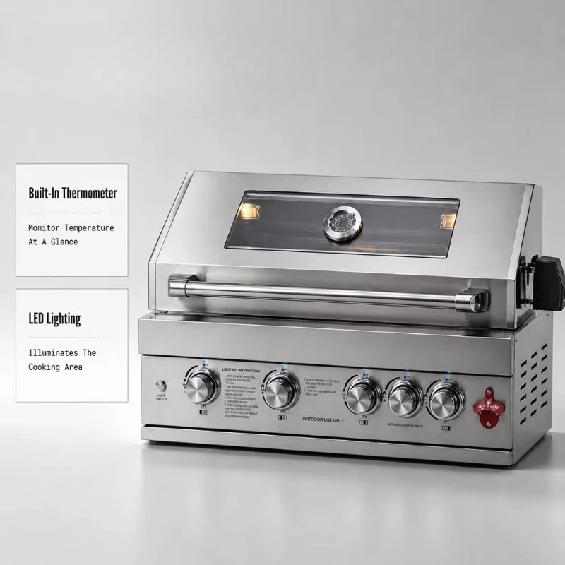 Outdoor Kitchen Island Built In Gas Grill 5 Burner 304 Stainless Steel BBQ Grill with Ceramic Rear Burner 8mm Cooking Grates