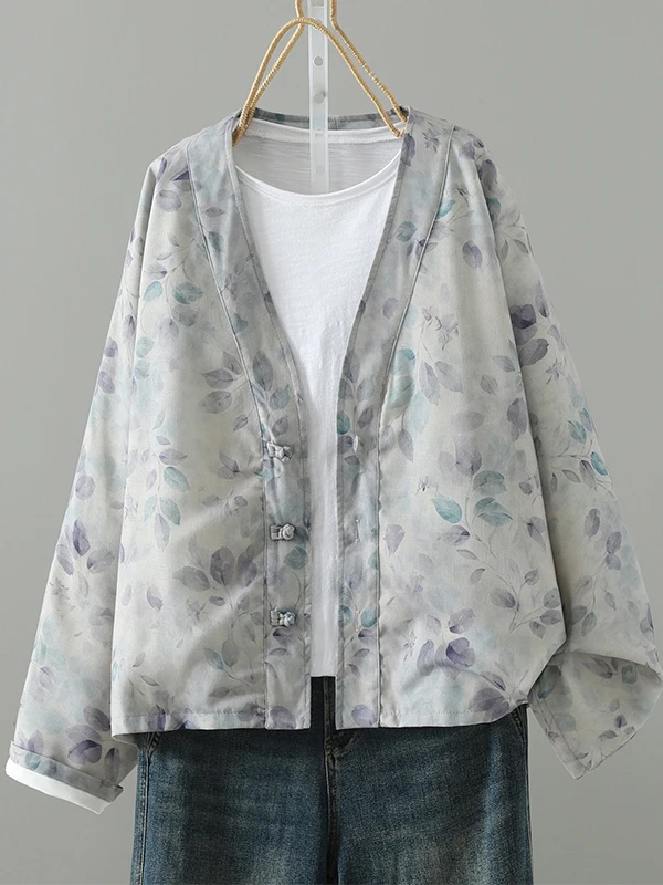 

V-Ne Print Open Cardigan Women's Faion Small Size Top Button Sle Casual Long Sve Jaet Universal Fit Spring Season