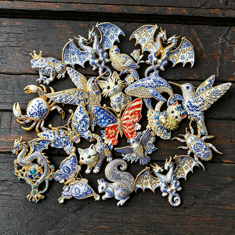 Blue and White Porcelain Style Animal Brooch Rhinestone Enamel Lapel Pins Vintage Costume Jewelry for Women Scarf Coat Decor