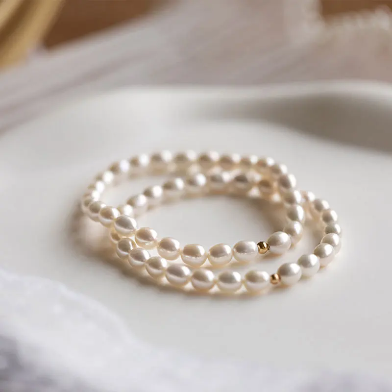 Natural Freshwater Strong Light Small Rice-Shaped Beads Pearl Bracelet Female Stretch Retro Simple All-Match Niche Temperament A