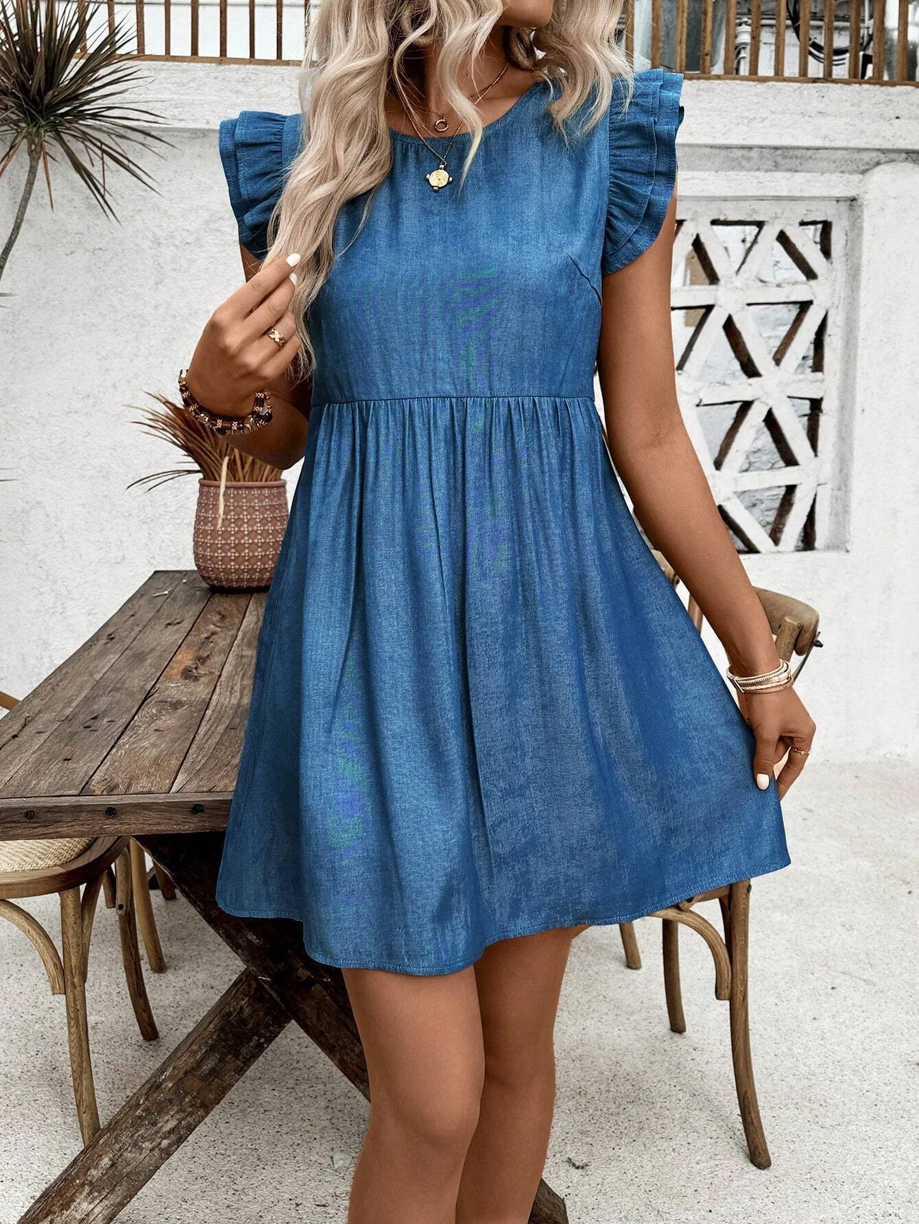 

Women's Denim-Effect Print Round Neck Dress CasualButterfy Sleeve A Line Dress for Summer Ladies Clothesfor Daily Wear