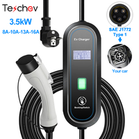 Teschev EV Portable Charger 3.5KW Type 2 Type 1 J1772 Charger Cable 8A 10A 13A 16A Adjustable WallBox 3.5M Car Fast Charger