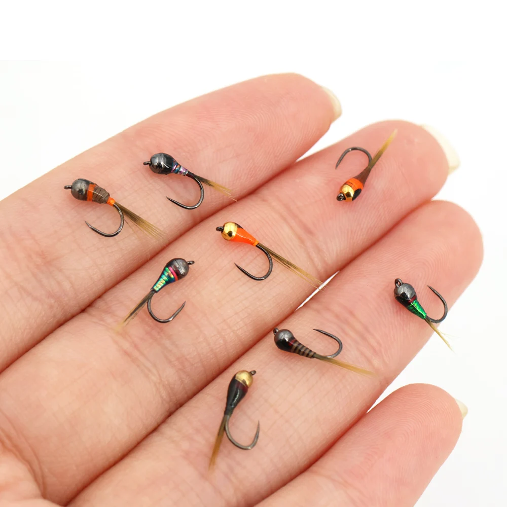 8 Peças de Moscas de Tungstênio para Pesca, Cores Aleatórias, com Penas de Pavão, tipo Nymph e Perdigon, para Pesca Rápida em Água de Rio, com Moscas Arco-Íris, para Truta Marrom, Grayling e Pesca em Rio. # 16