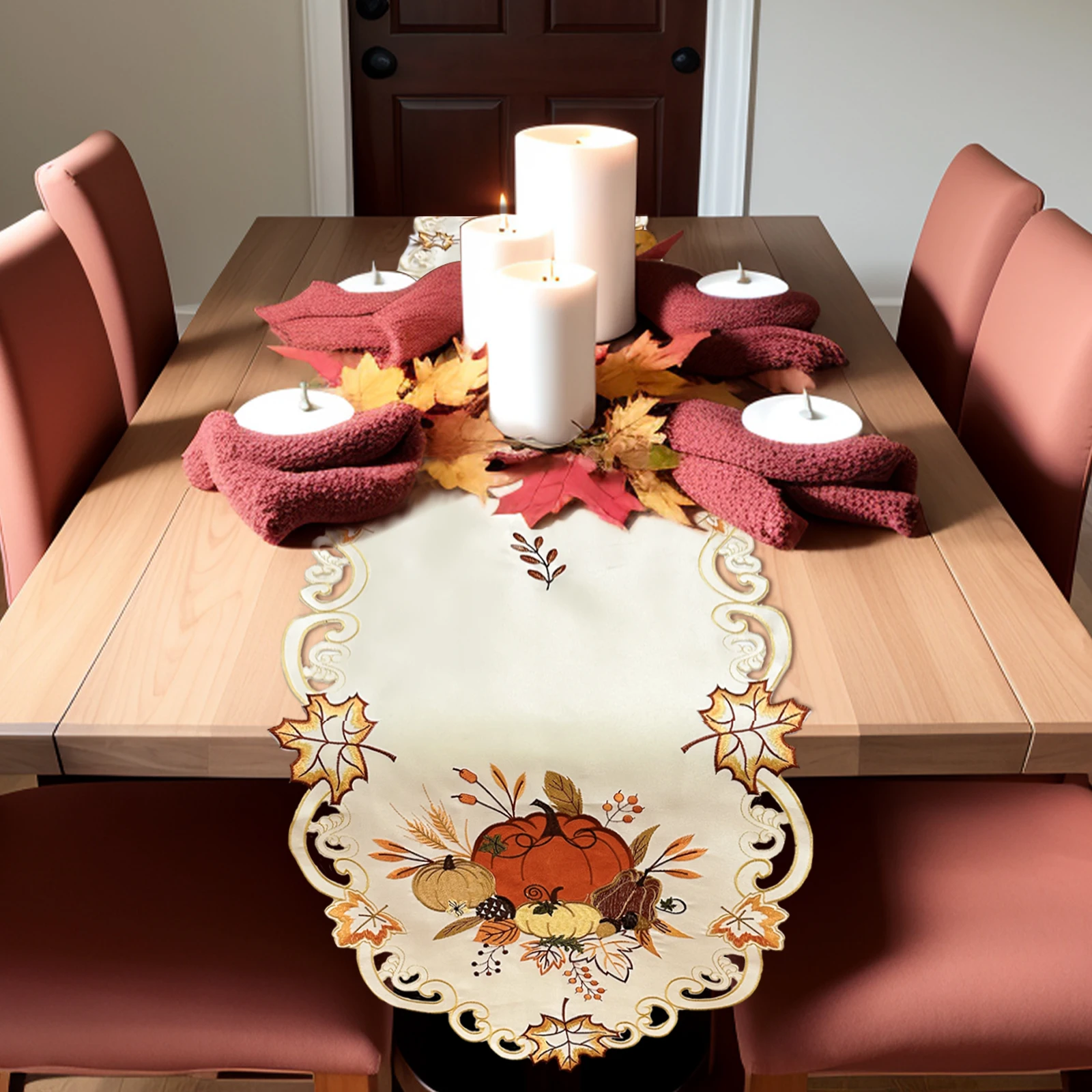 

OurWarm Fall Harvest Thanksgiving Table Runner Embroidered Pumpkin Maple Leaf Dresser Scarf Ivory Holiday Autumn Fall Decoration