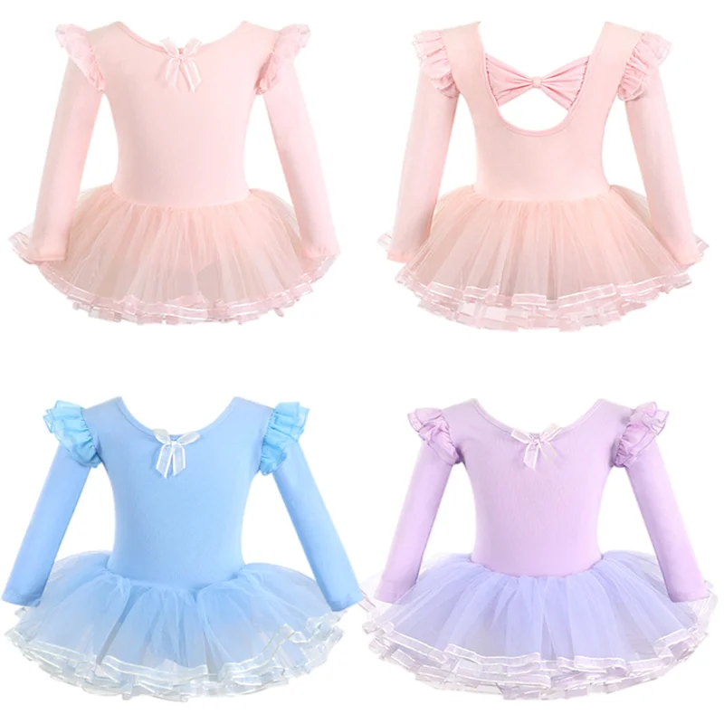 Girls Ballet Dance Dress Butterfly Long Sleeve Skirted Leotards with Tutus Skirt Ballerina Outfits Bowknot Front Gynmnastic Test