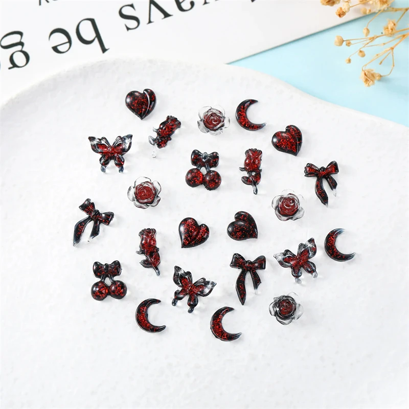 50pcs Vampire Nails Accessories Mixed Resin Ribbon Bow Camellia Tulip Heart Nail Art Charms Decorations Supplies Parts DIY Jewel