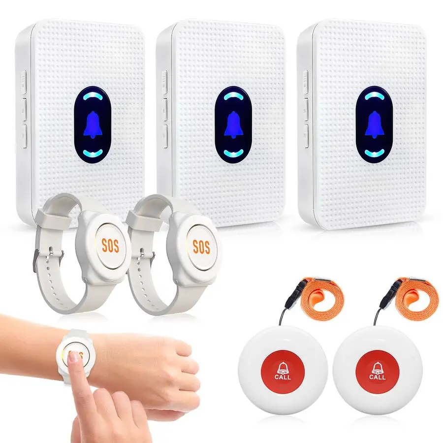 

Wireless Caregiver Pager Call Button Elderly Nurse Alert System for Elderly Monitoring Seniors with 2 SOS Call Panic Buttons amp