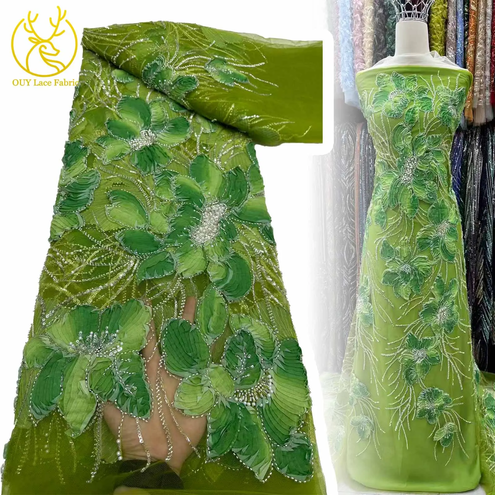 

Green Africa 3D Beaded Lace Fabric 2025 French Nigerian Sequins Mesh Lace Fabric for Women's Evening Dresses Sewing Material