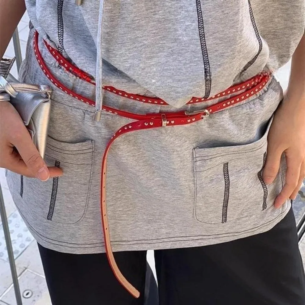 Adjustable PU Leather Waist Belt Extra Long Thin Gothic Double Layer Circle Chain Punk Retro Rivet Eyelet Knotted Belt