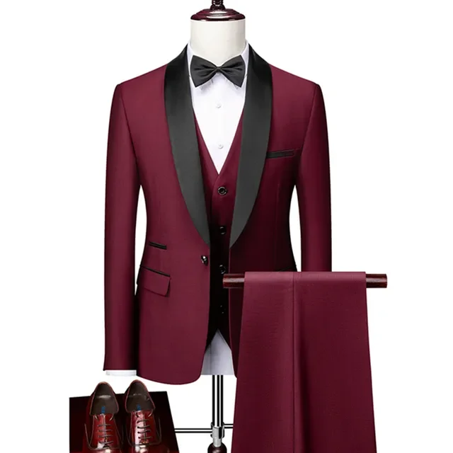 3 Pcs Men Lapel Black Collar Suit Set Coat Vest Trousers / Business Groomsmen Groom Wedding Dress Fprmal Blazer Pants Waistcoat