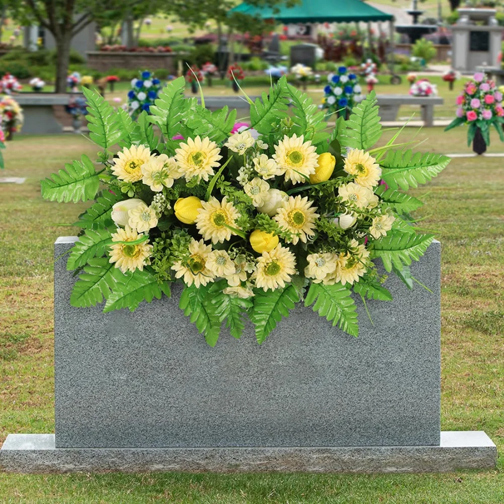 Silk Yellow Gerbera and Tulip Saddle Flower Arrangement for Cemetery Use 19.7 x 15.8 in All Weather Decor Silk