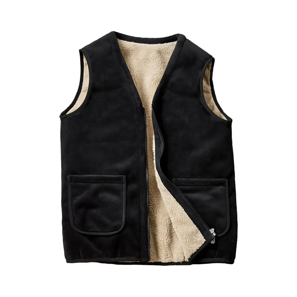 Anti-shrink Men Waistcoat Winter Men's V-neck Sleeveless Waistcoat with Plush Lining Pockets Thickened Bottoming Warm for Cold