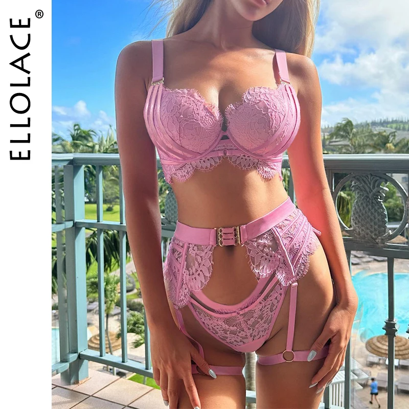 

Ellolace Lingeries Sexy Hot Push Up Sponge Bra Ensemble Underwear Luxury Intimate Lace Bra Sets Pink Sexy Female Complete