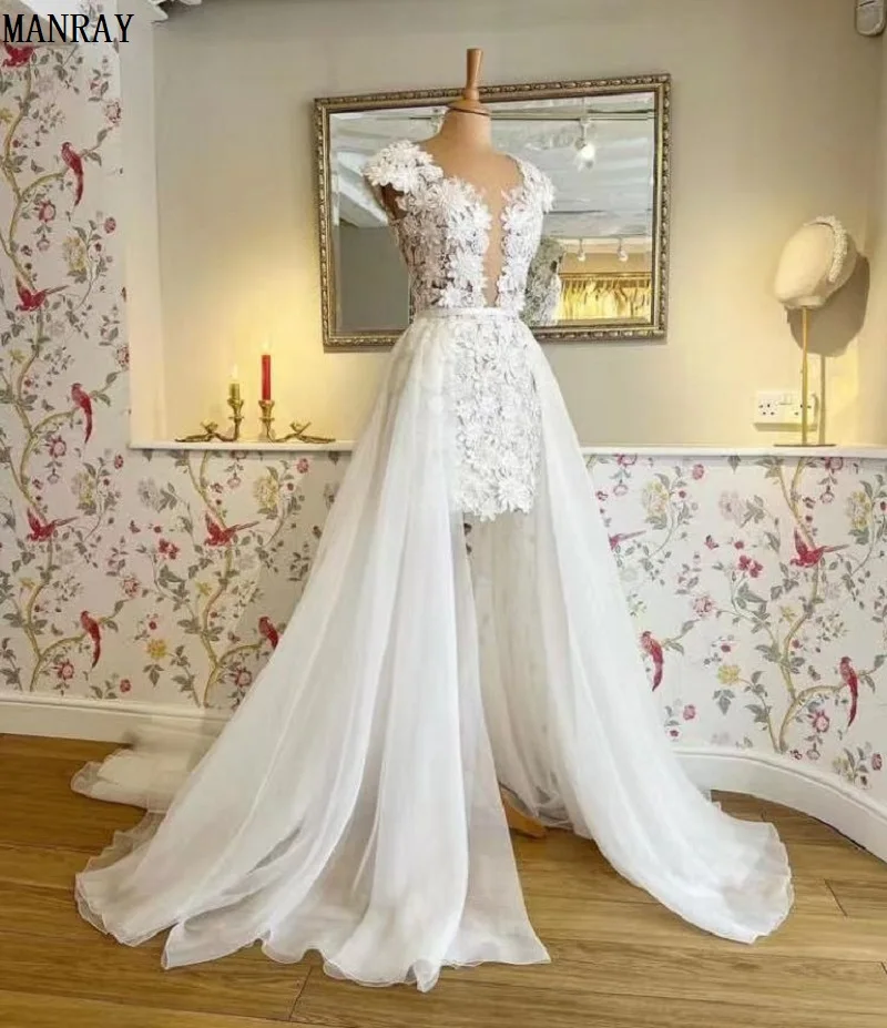 

MANRAY Elegant Two Pieces Lace 3D Floral Plunging Wedding Dress with Detachable Skirt 2023 Bridal Reception Gown Robe De Soirée