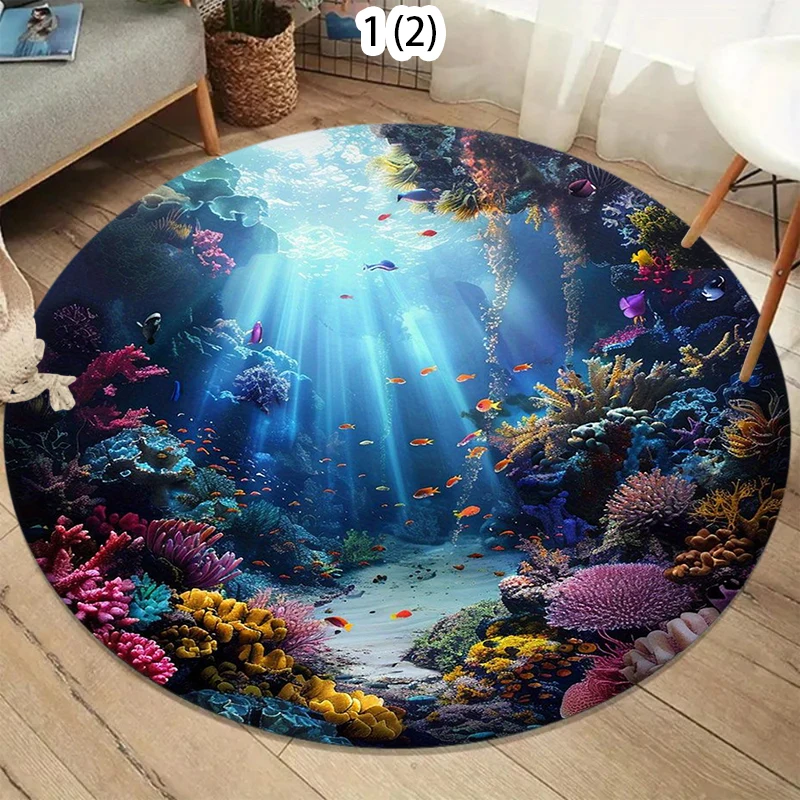 Ocean Underwater World Round Rug Colorful Tropical Fishes Co