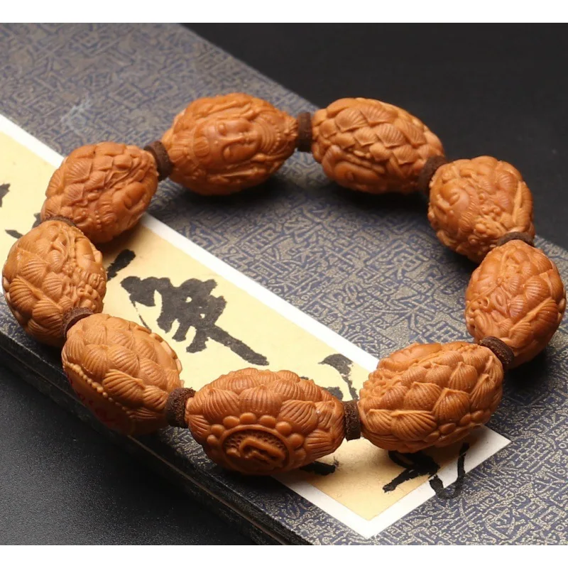 New Product Nut Hand Carved Guanyin on theThrone Handheld Bracelet Old Olivary Nucleus Olive Hu Stone Carving Guany