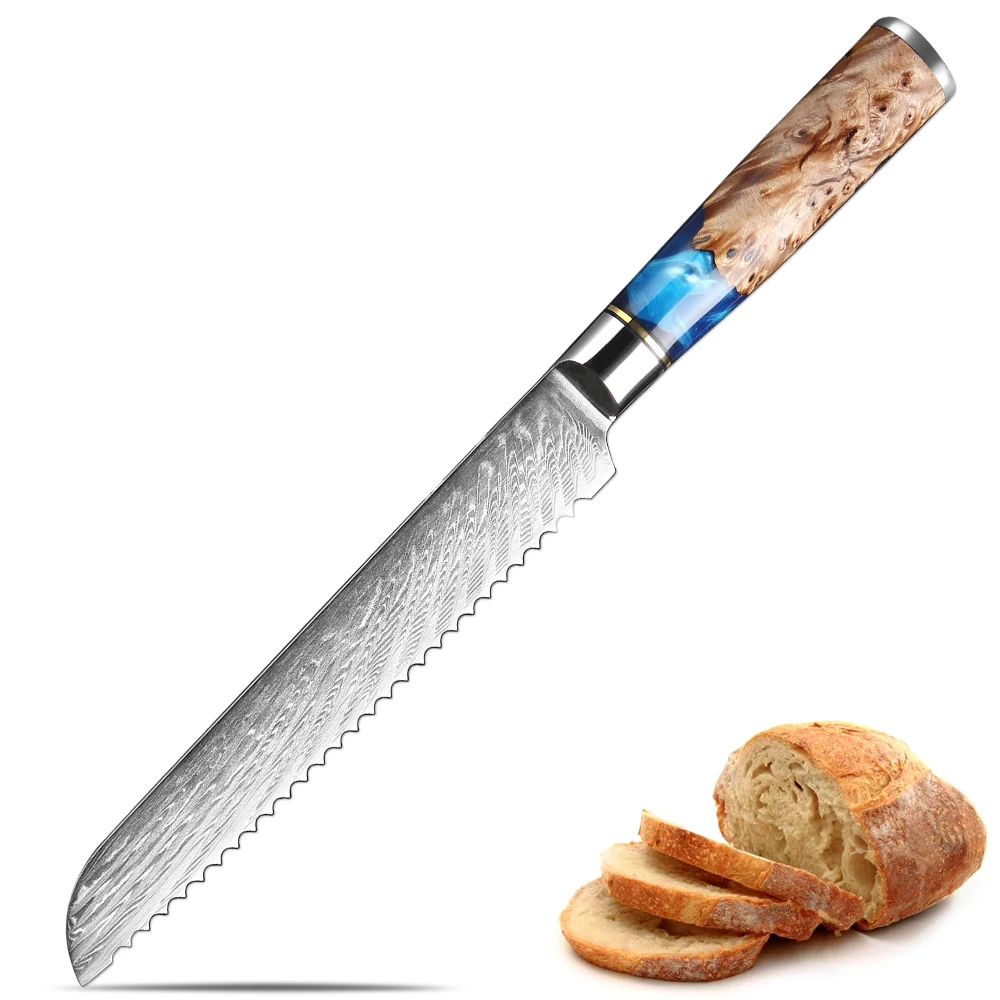 

Kitchen Knife 8 Inch Serrated Bread Knife Damascus Steel Sharp for Slicing Bread, Cake, Toast, Cooking Knife Blue Resin Handle