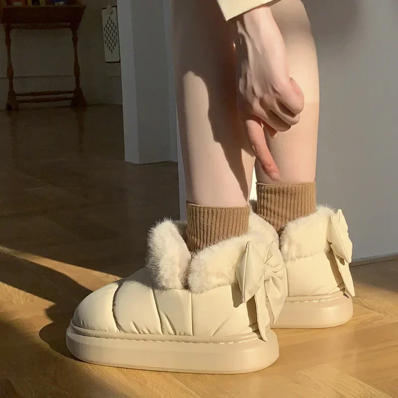 

Cute Warm Ankle Boots Winter Women's Bow Warmth Plush Bow Cotton Shoes 2024 New Waterproof Down Cloth Short Barrel Snow Boots