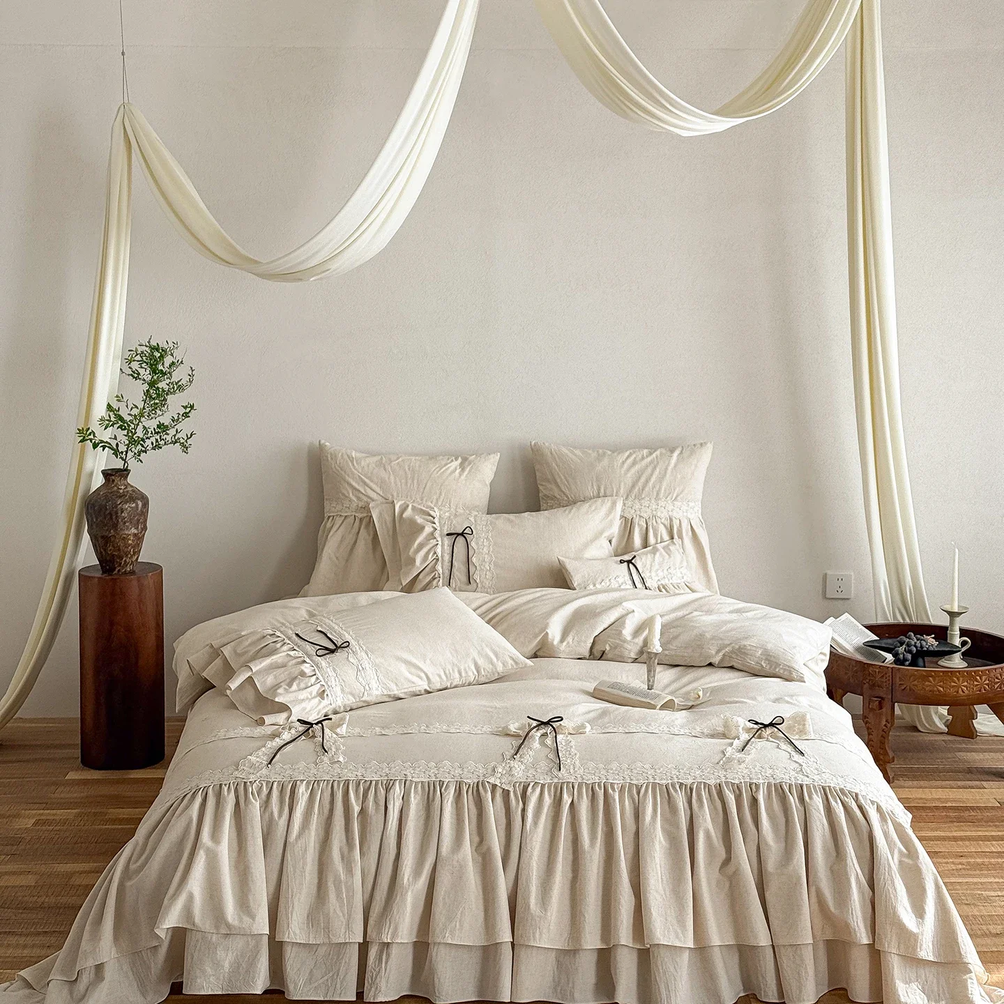 Double-layered Ruffles Lace Bow Princess Bedding Set Cotton Linen Blend Duvet Cover Set Flat/Fitted Bed Sheet Pillowcases 4Pcs