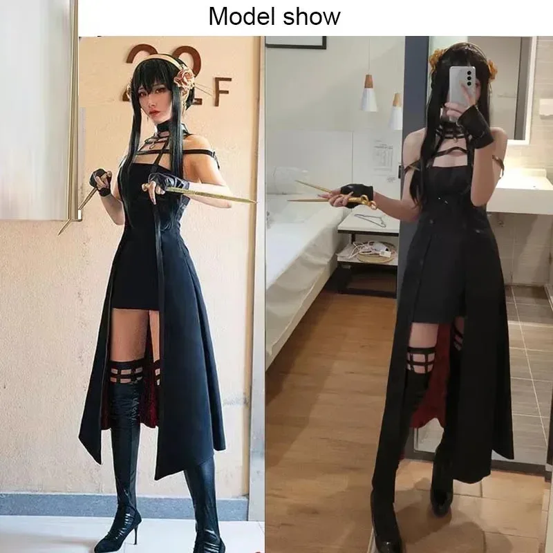 Yor Forger Cosplay costume bandeau élastique cuisse bas collants hauts perruque boucles d'oreilles Yor Forger robe ensemble complet pour Comic Con