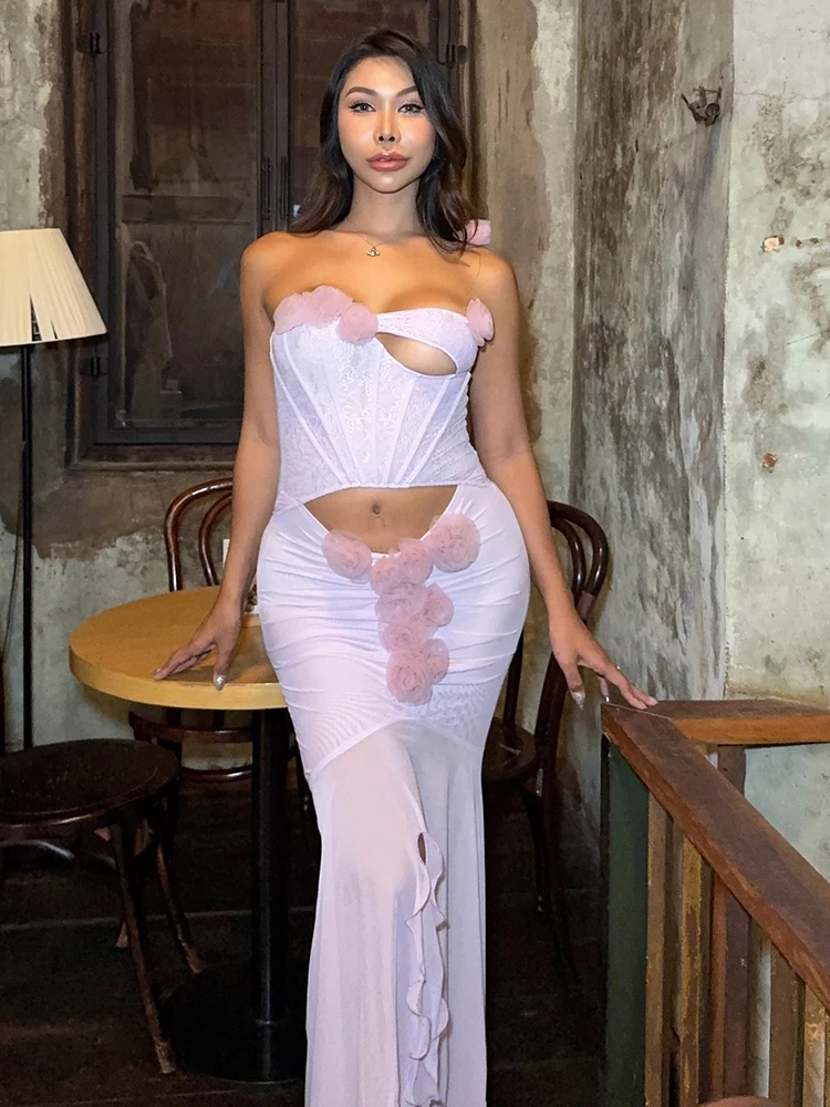 Luxuriöses Korsett-Abendkleid mit Blumenapplikationen – trägerloses Meerjungfrauenkleid mit Ausschnitten, elegantes Kleid mit langer Schleppe für Partys und Bühnen