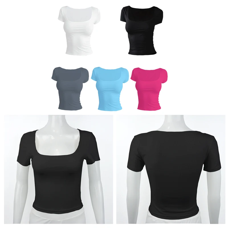 Short Sleeve T-shirt for Women Summer Solid Color Elastic Square-cut Collar sli… - Image 4