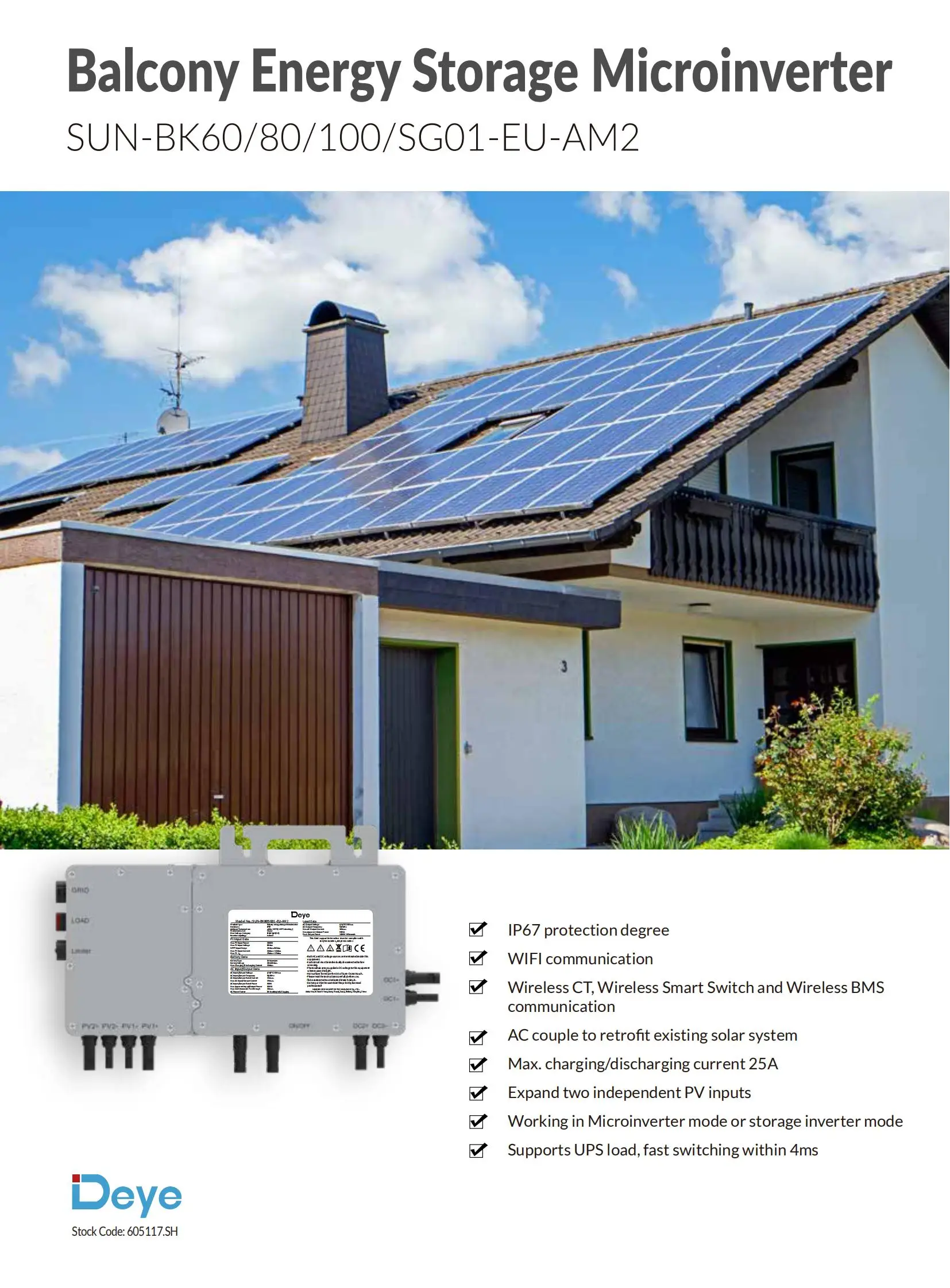 Deye 1000w SUN-BK100SG01-EU-AM2 balcon stockage d'énergie micro onduleur 1kw monophasé 2 MPPT Micro onduleur solaire hybride