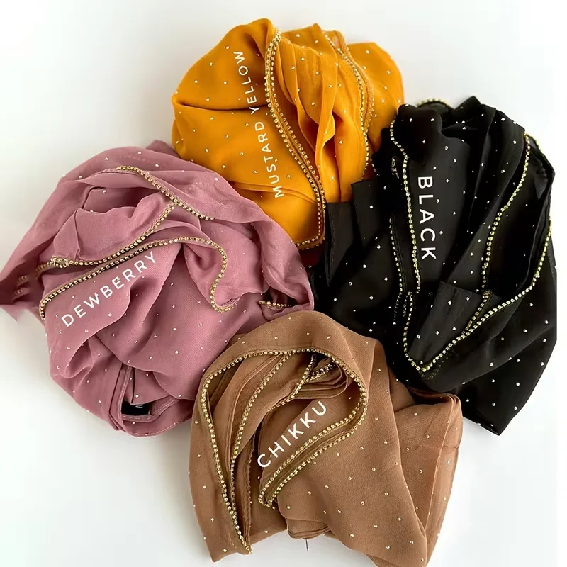 

Мусульманский шифоновый хиджаб со стразами, золотой шарф на молнии, арабский женский простой головной убор, длинная шаль, платок, исламский платок