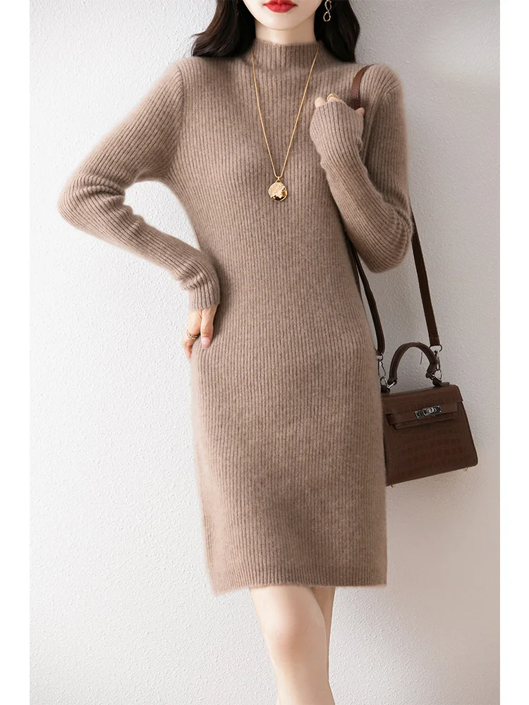 

Autumn Winter Women Wool Dress Pullover Office Lady Basic Long Sleeve Stand Collar Sweater Skirts 100% Merino Wool Knitted Dress