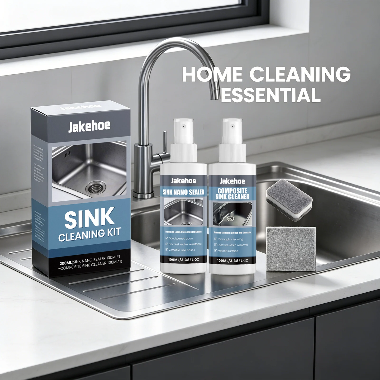 Sink Cleaning Kit Remove Grease & Limescale Reduce Odor Protect Surface Restore Luster Maintenance 2-in-1 Composite Sink Cleaner