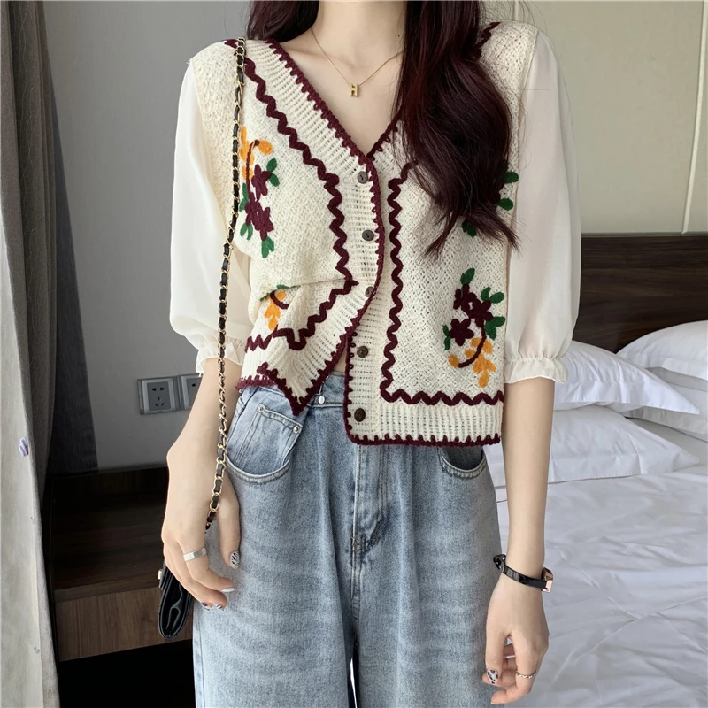 Flower Embroidery Crochet Blouse with Chiffon Sleeve Button Front Cardigan Top Women Spring Summer Fairycore Cottagecore