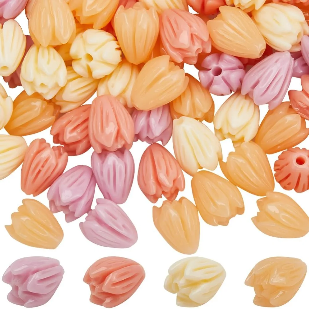 

100Pcs 4 Colors Acrylic Flower Beads Jasmine Flower Beads Coral Shell Dyed 3d carved Cute Loose Beads Flowers kit