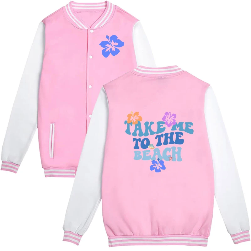 Take Me To The Beach Girls Baseball Bomber Jacket Y2K Hibiscus Flower Lover Fashion Casual Jackets Teens Beach Travel Outerwears