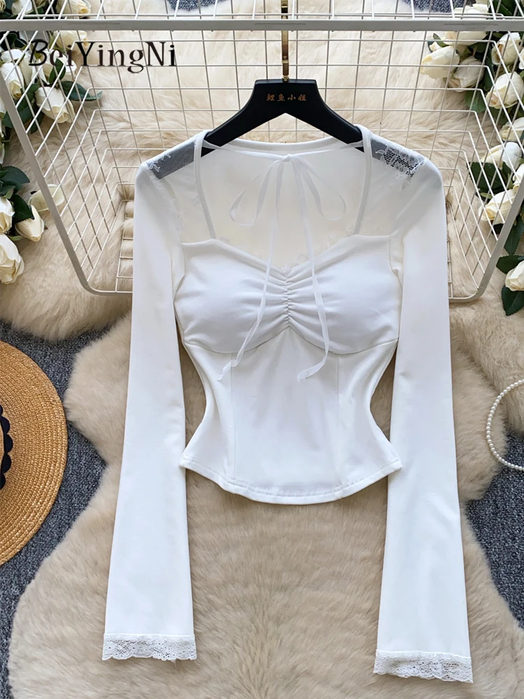 

Beiyingni Y2K White Long Sleeve T-shirt Women Spring Sexy Square Collar Lace-up Ruched T Shirts Female Lace Splic Street Topsed